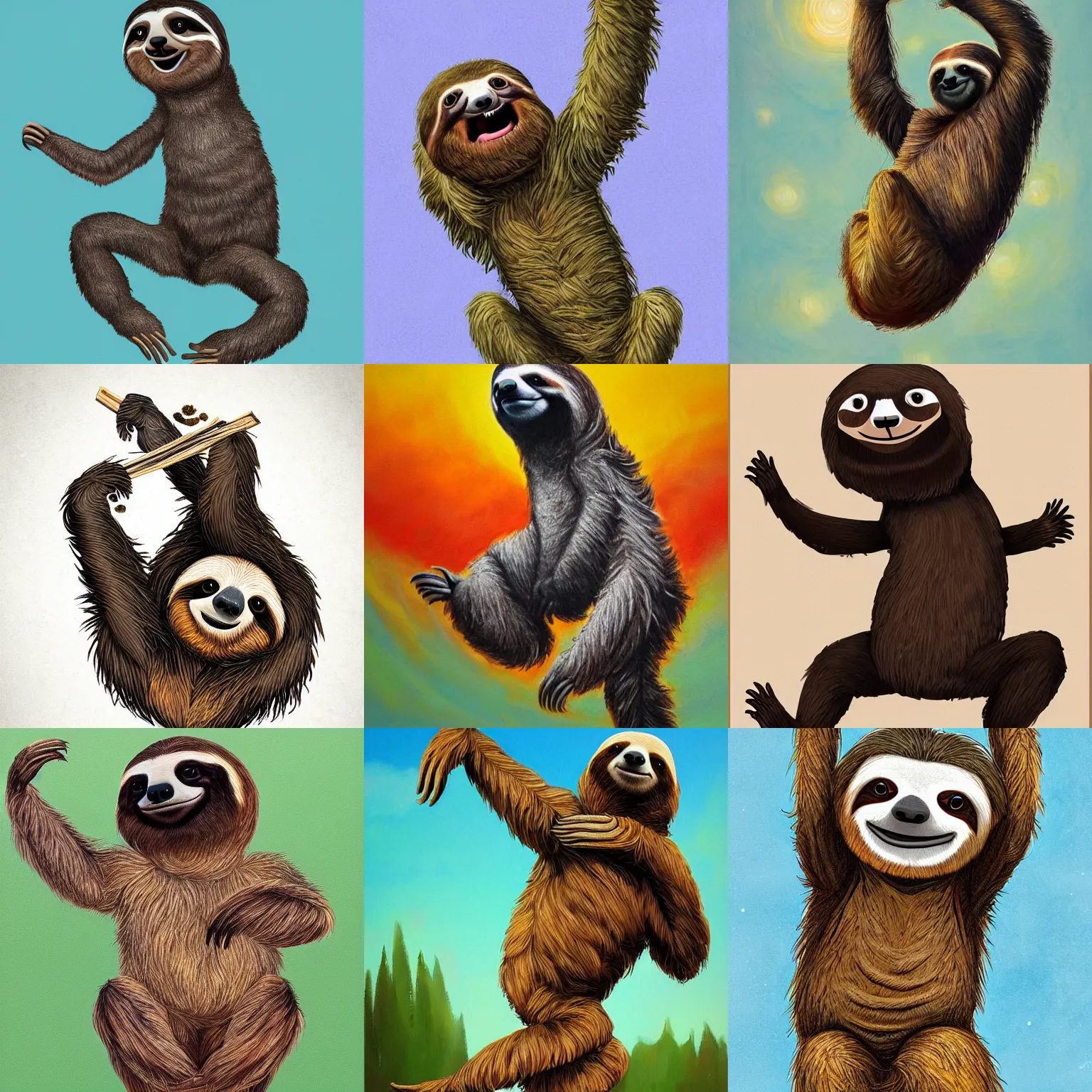 Image similar to beautiful art of a sloth dancing with joy, full body art, trending on ArtStation