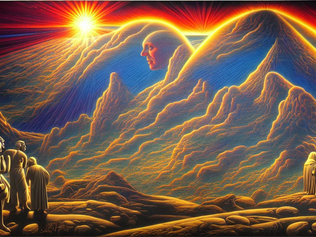 Image similar to a beautiful future for human evolution, spiritual evolution, divinity, enlightenment, utopian, by david a. hardy, wpa, public works mural, socialist