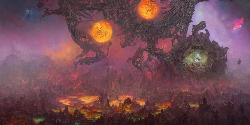 Image similar to gigantic demonic cosmic skull of death, outer space, fantasy painting, ultra realistic, dmt, symmetrical, wide angle, intricate details, digital painting, rainbowshift, vivid colors, highly detailed by peter mohrbacher, h. r. giger, maxfield parrish, alphonse mucha, craig mullins, octane render, cgi