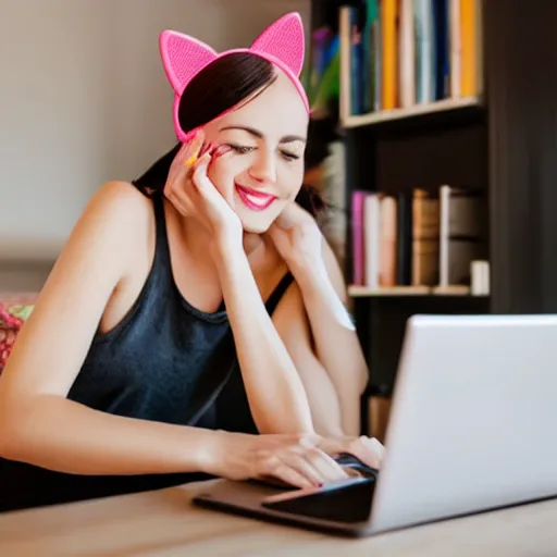 Image similar to cute woman wearing tank top and cat ears plays on computer, smooth art, sun flare