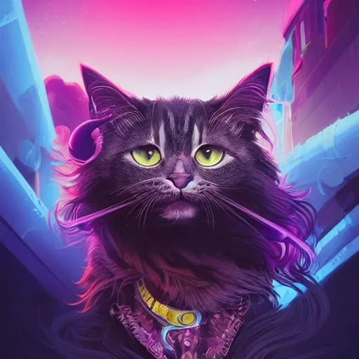Prompt: a stylized portrait of a powerful cat with wavy brown hair and green eyes as an angry scientist, stylized, arcane magic, blue and purple vapor, neon color, vivid color, lens flare, volumetric light from below, background by justin gerard, hyperdetailed concept art by Ross Tran and Greg Rutkowski, high quality DnD illustration, trending on ArtStationHQ, 8k