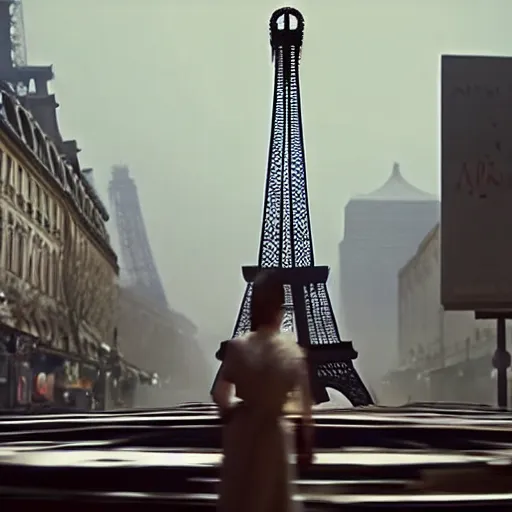 Prompt: A beautiful intricate 8K award-winning ground-level cinematic movie photograph of the future apocalyptic Eiffel Tower surrounded by corporate billboards, destroyed and decaying. in the year 2043, by Bruno Delbonnel and greg rutkowski. Arri Alexa 65, IMAX 70mm footage. Dirty billboards. Cinematic lighting