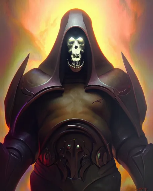 Image similar to reaper from overwatch, character portrait, portrait, close up, highly detailed, intricate detail, amazing detail, sharp focus, vintage fantasy art, vintage sci - fi art, radiant light, caustics, by boris vallejo