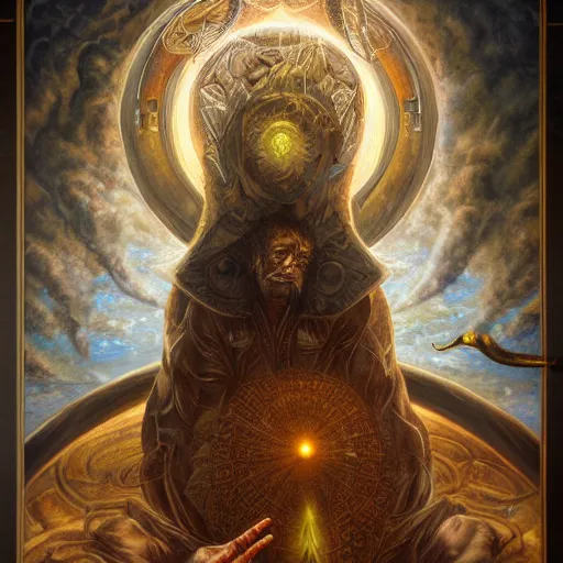 Image similar to The portal master tarot card by Tomasz Alen Kopera and Salvador Dali, impressive perspective, masterpiece, 8k, dynamic lighting, Highly Detailed, trending on artstation