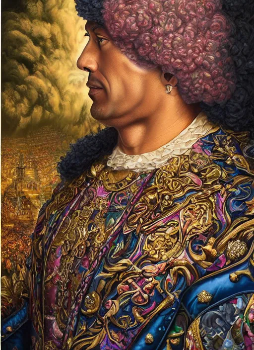 Image similar to beautiful oil painting, portrait of Dwayne the rock Johnson as Louis xiv in coronation robes 1701, Dan Mumford, Dan Mumford, Alex grey, Alex grey, lsd visuals, dmt fractal patterns, entheogen, psychedelic, hallucinogen, highly detailed, ornate, vaporwave