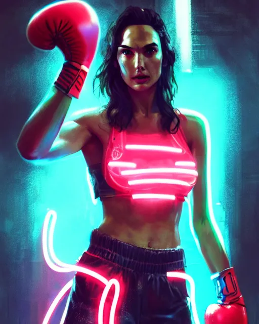 Prompt: detailed portrait Gal Gadot Neon boxer , cyberpunk futuristic neon, reflective crop top and shorts, boxing gloves, decorated with traditional Japanese ornaments by Ismail inceoglu dragan bibin hans thoma greg rutkowski Alexandros Pyromallis Nekro Rene Maritte Illustrated, Perfect face, fine details, realistic shaded, fine-face, pretty face