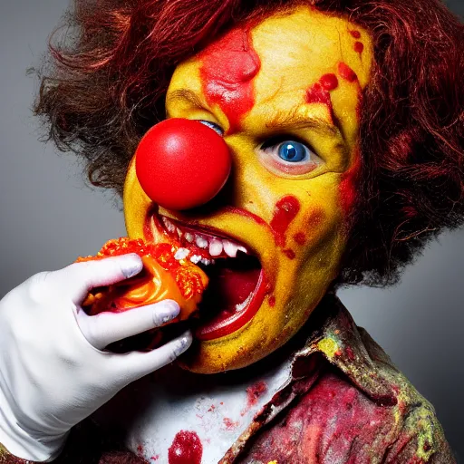 Image similar to color portrait photograph of a zombie Ronald McDonald holding a happy meal covered in slime