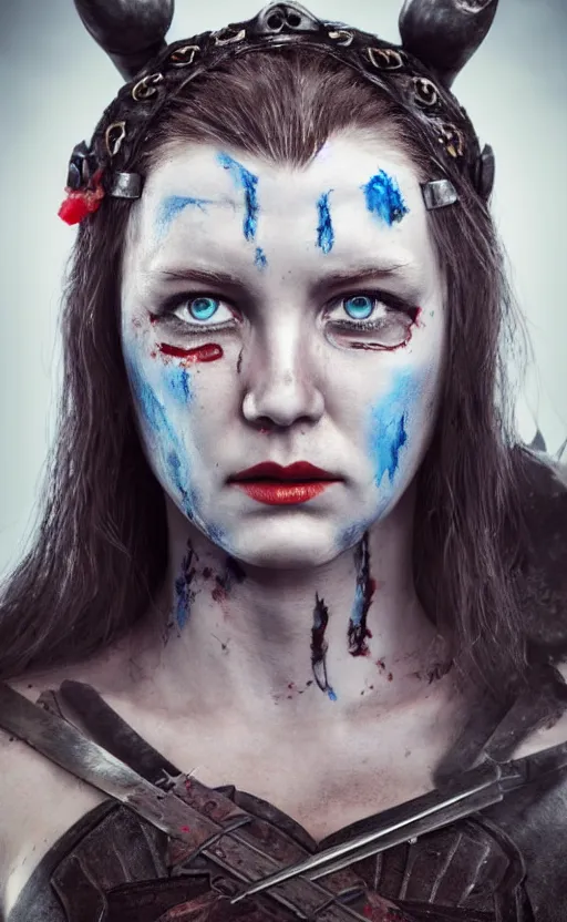 Image similar to photorealistic portrait of female viking warrior with black hair and bloody nose, blue eyes, porcelain skin, shoulders, determined