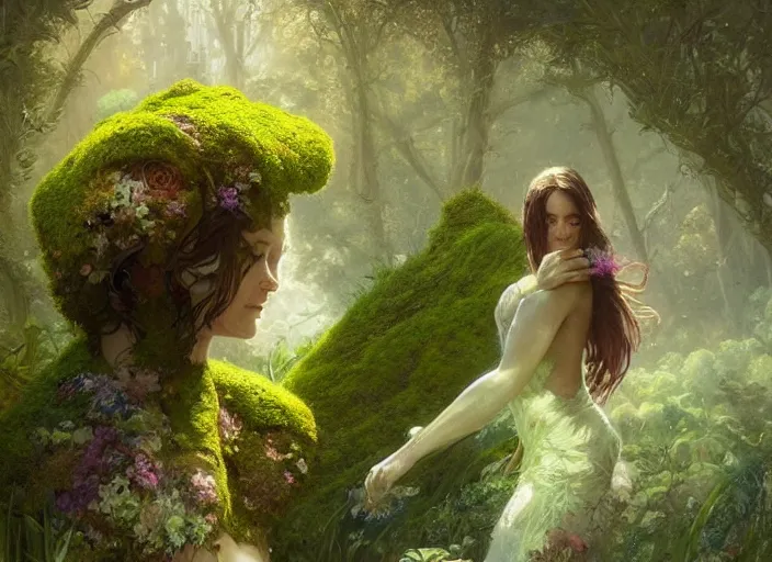 Prompt: a woman and a man made of moss and flowers, beautiful high quality realistic fantasy art, trending on artstation by artgerm and greg rutkowski and alphonse mucha