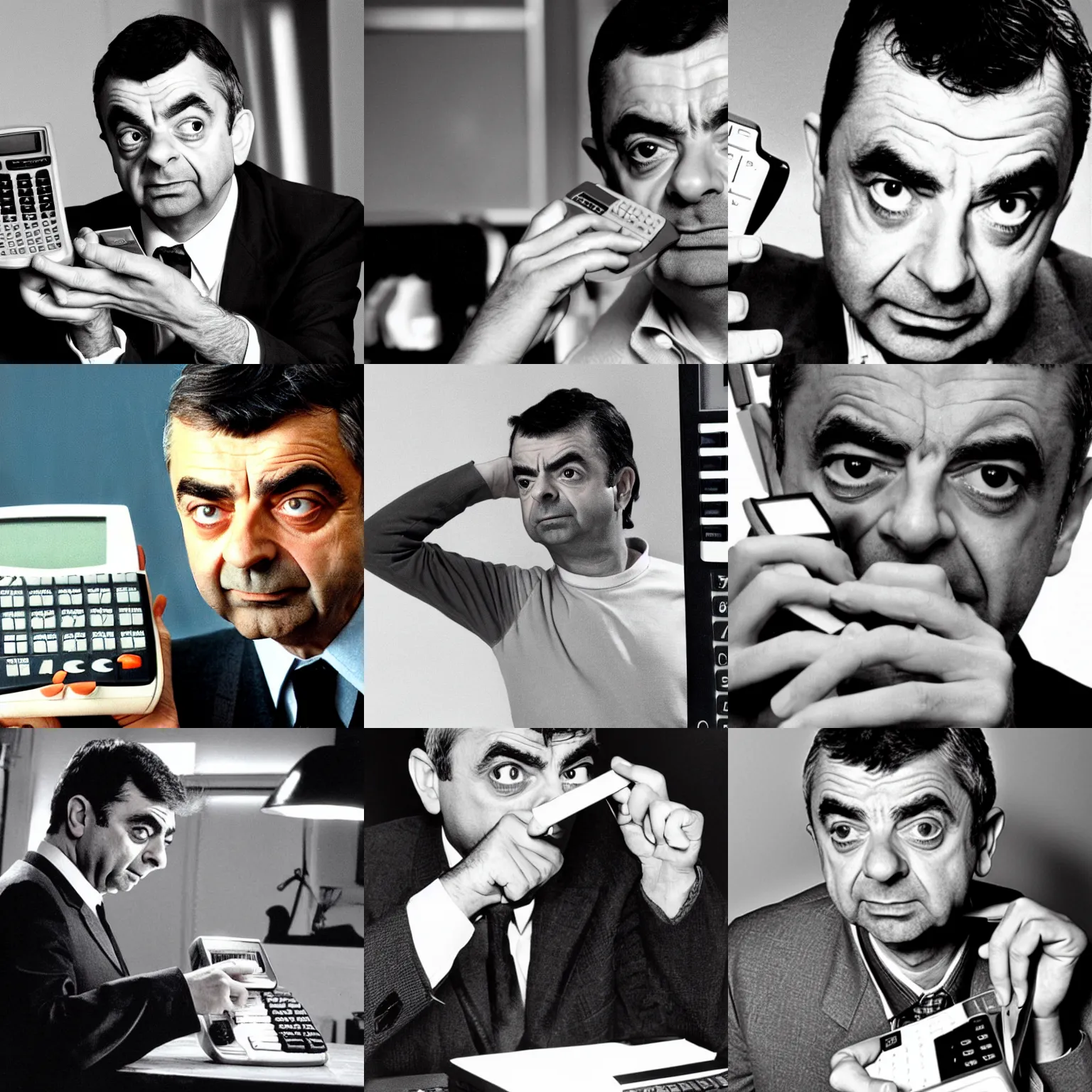 Prompt: dramatic photo of rowan atkinson holding an calculator and struggling to use a casio calculator calculator calculator calculator, close up