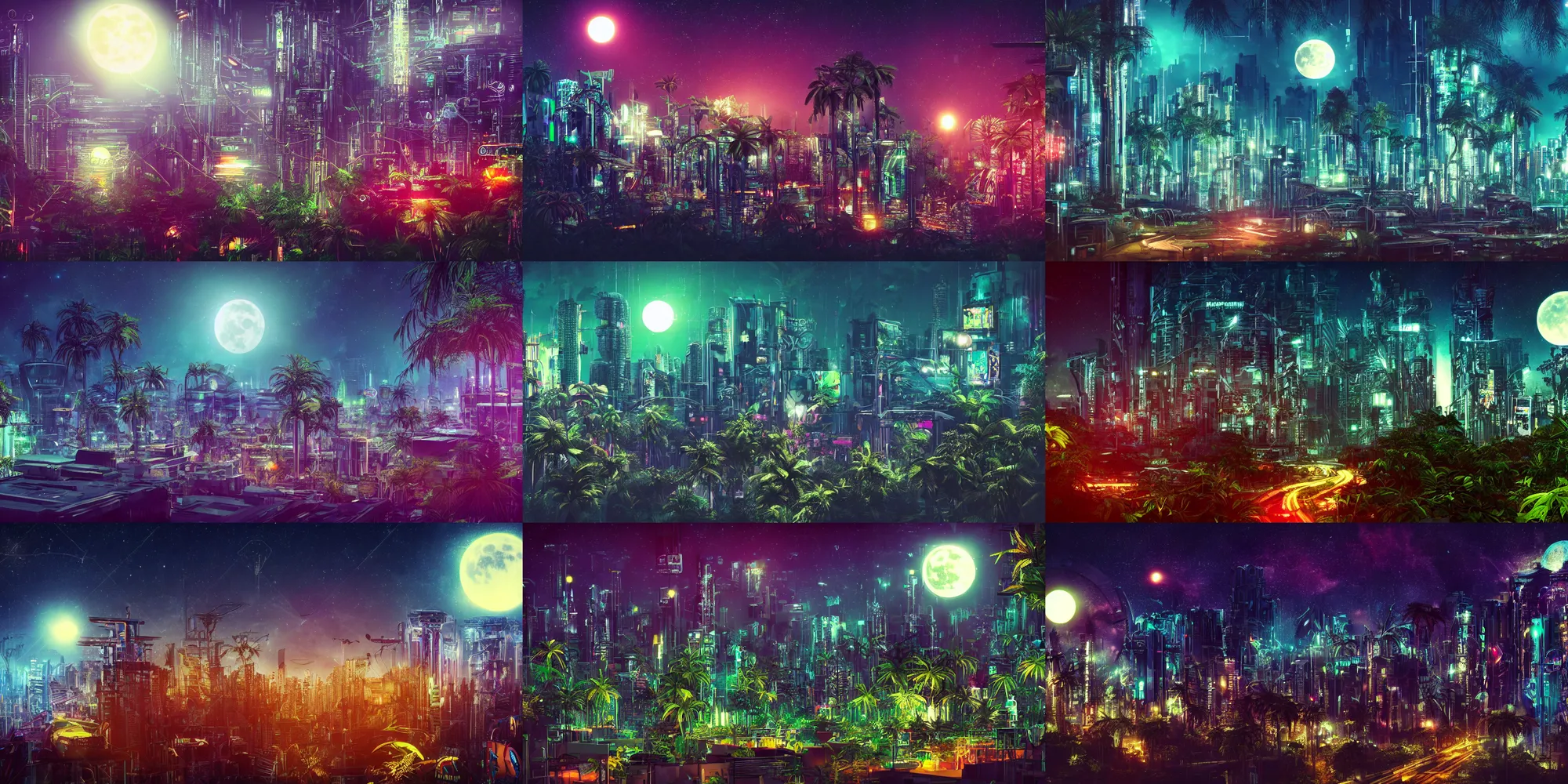 Prompt: futurictic city on the jungle, full moon, stars, photography, cinematic composition, cyberpunk, neons, jungle trees