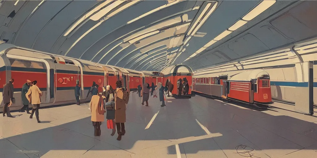 Image similar to soviet ussr retrofuturistic train station by syd mead, ralph mcquarrie, washed colours