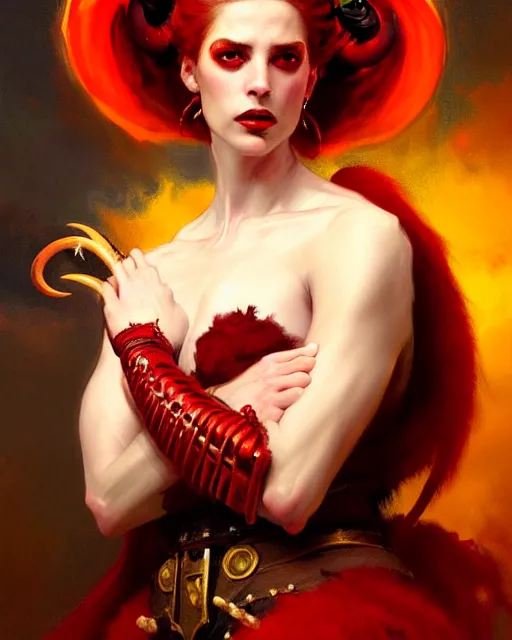 Image similar to painted close - up portrait of an attractive red - skinned intimidating demon girl with ram horns. oil painting, wearing a noblewoman's outfit, fantasy art by greg rutkowski and john singer sargent and gaston bussiere, demon noble character design