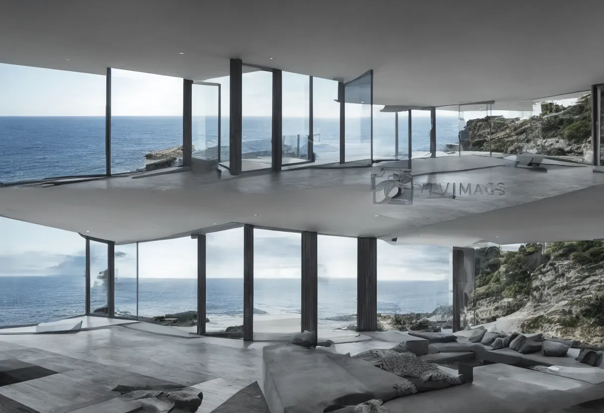 Image similar to Modern house interior with big windows at dawn, Located on a cliff view to the sea minimalistic epic architecture coherent high detail