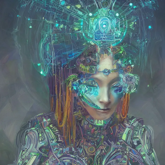 Image similar to portrait of a future metaverse ayahuasca tech shaman warrior, 2 d cartoon, visionary art, symmetric, magick symbols, holy halo, shipibo patterns, sci - fi, concept art, trending on art station, 8 k digital art, by mandy jurgens, fantasy portrait art, anime