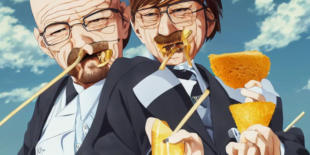 Image similar to anime key art of walter white dressed as a japanese schoolgirl with a tost in his mouth, digital art 4k