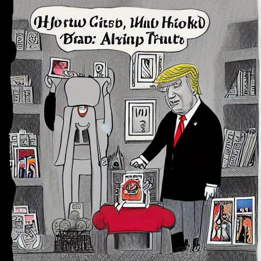 Image similar to new yorker cartoon by roz chast of donald trump, black and white,