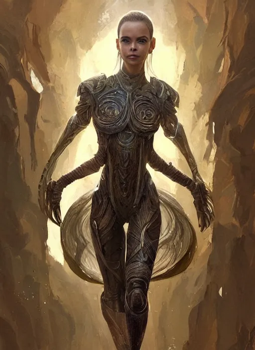 Image similar to a professional painting of a beautiful young female alien, clothed in ethereal armor, olive skin, long dark hair, beautiful bone structure, symmetrical facial features, intricate, elegant, digital painting, concept art, smooth, sharp focus, illustration, from Valerian and the City of a Thousand Planets, by Ruan Jia and Mandy Jurgens and Artgerm and William-Adolphe Bouguerea