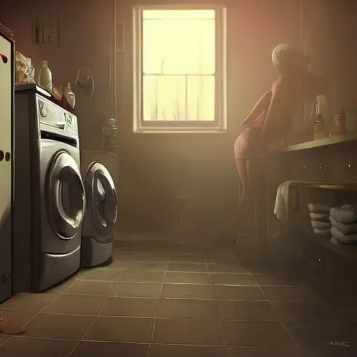 Image similar to woman demon crawling out of a washing machine in a laundry room, cinematic lighting, inspired by Evgeny Lushpin,George, greg rutkowski winter,nighttime,cinematic,art station