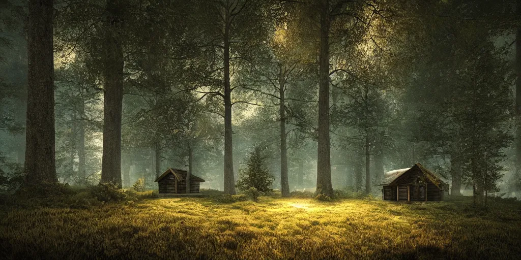 Image similar to a cottage in the woods and empty woods, fantasy, hyper realistic, dramatic lighting, 8k