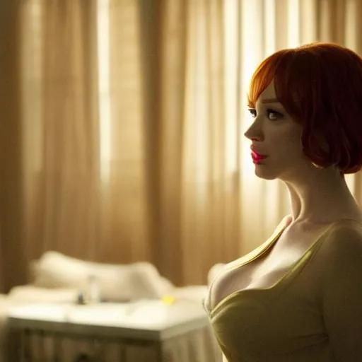 Image similar to amazing beautiful Christina Hendricks with an amazed look on her face in the living room, film still from the movie directed by Denis Villeneuve , wide lens