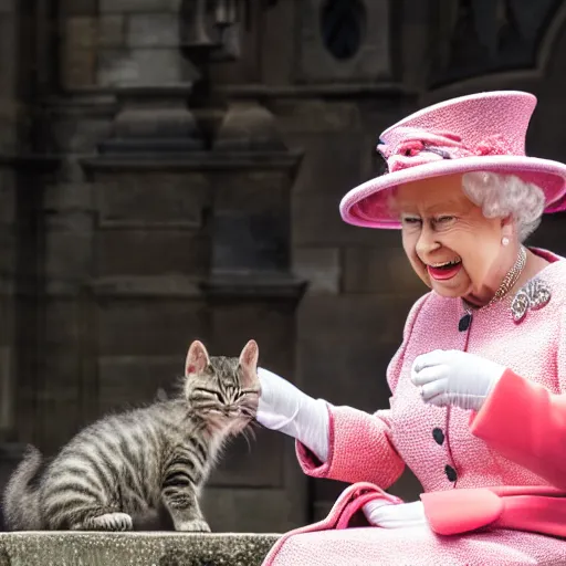 Image similar to queen elizabeth ii screaming at a kitten, canon eos r 3, f / 1. 4, iso 2 0 0, 1 / 1 6 0 s, 8 k, raw, unedited, symmetrical balance, wide angle