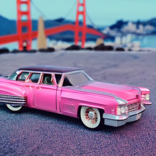 Image similar to 3 5 mm photo of metallic pink cadillac like hot wheels model with san francisco as background, epic cinematic, epic lighting