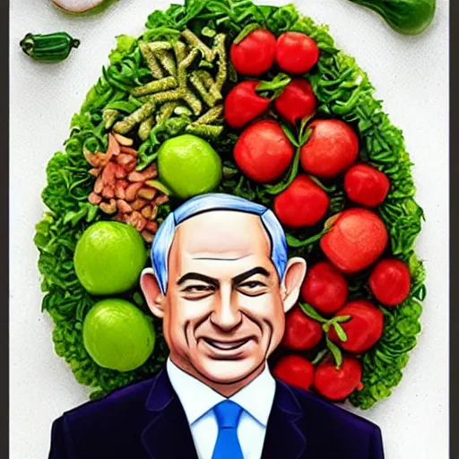 Image similar to portrait of benjamin netanyahu made of fruits vegetables and flowers