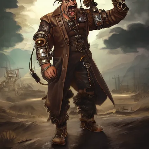 Image similar to portrait of a muscular, bald orc mechanic, wearing a heavy brown leather coat, wrench on hand, steampunk setting, gears, airship on the background, dramatic lighting, high detail, digital art by Rossdraws