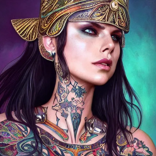 Prompt: an attractive young tattooed female with piercings wearing an rainbow ornate metallic helmet, charlize theron, olive skin, long dark hair, beautiful bone structure, intricate, elegant, highly detailed, digital painting, artstation, concept art, smooth, sharp focus, illustration, art by artgerm and greg rutkowski and alphonse mucha