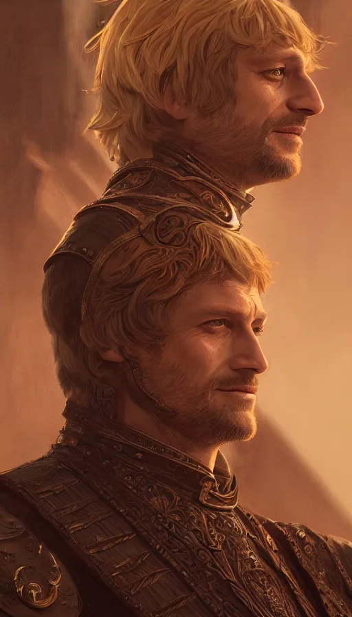 Prompt: sir jamie lannister , intricate, highly detailed, digital painting, artstation, concept art, smooth, sharp focus, illustration, Unreal Engine 5, 8K, art by artgerm and greg rutkowski and alphonse mucha