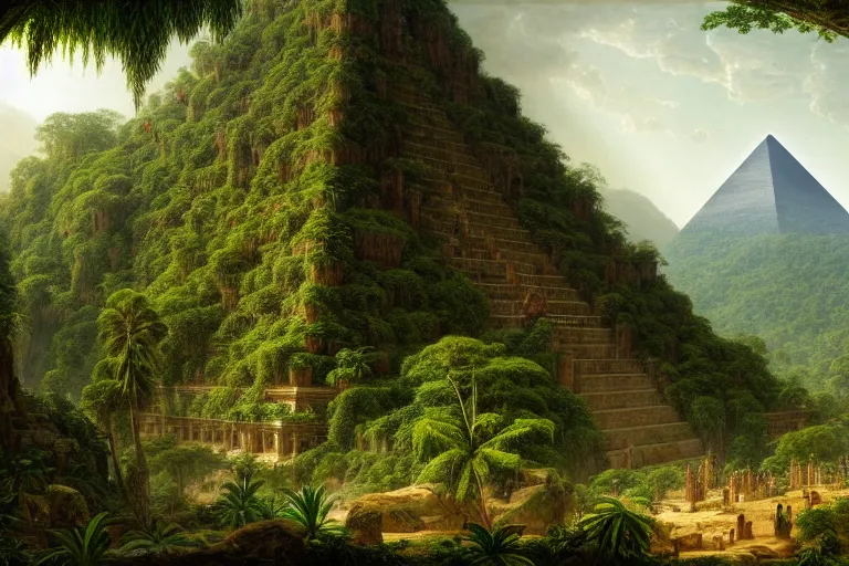 Prompt: a beautiful and highly detailed digital painting of a lost jungle pyramid temple in the distance, a massive lush mountainous jungle, intricate details, epic scale, hyperdetailed, hyperrealism, artstation, cgsociety, 8 k, sharp focus, by caspar friedrich, albert bierstadt, james gurney,