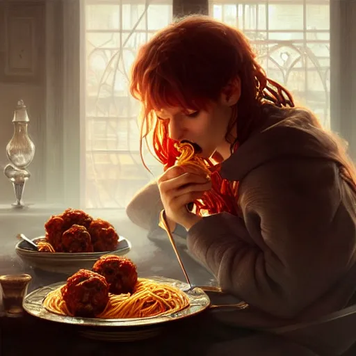 Prompt: Messi eating spaghetti with meatballs, closeup, D&D, fantasy, intricate, elegant, highly detailed, digital painting, artstation, concept art, matte, sharp focus, illustration, art by Artgerm and Greg Rutkowski and Alphonse Mucha