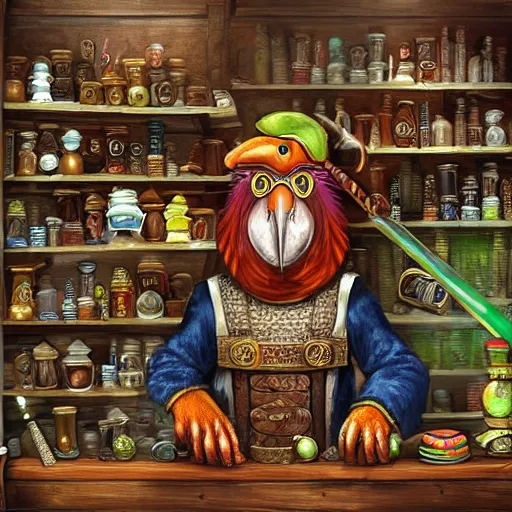 Prompt: Digital art of Anthropomorphized parrot trader in his shop, shelves full, selling a gem, portrait, items, magic potions, carpet, window, fancy funny hat, sly expression , cunning expression, cute expression, presenting magic gem, D&D, fantasy, cinematic lighting, highly detailed, digital painting, artstation, concept art, smooth, sharp focus, illustration, warm light, cozy warm tint, magic the gathering artwork, volumetric lighting, 8k, no gold, no gold colours, art by Akihiko Yoshida and Greg Rutkowski