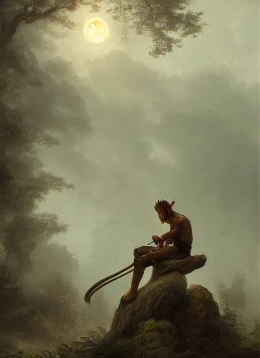 Prompt: sun wukong sitting alone in the melancholy forest. andreas achenbach, artgerm, mikko lagerstedt, zack snyder, tokujin yoshioka