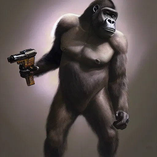 Image similar to detailed science - fiction character portrait of a gorilla with a gun, wild, highly detailed, digital painting, artstation, concept art, smooth, sharp focus, illustration, art by artgerm and greg rutkowski and alphonse mucha