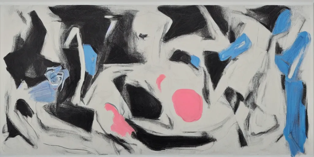 Prompt: black white drawing by de kooning on white canvas, blue and pink tilt shift, detailed martha jungwirth sketch, painted by yves tanguy, formalist, oil on canvas, thick impasto