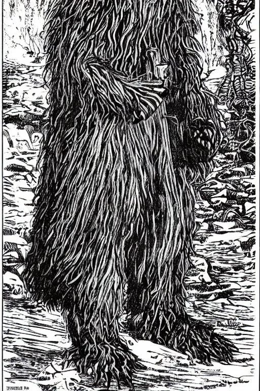 Prompt: a wookie as a D&D monster, pen-and-ink illustration, etching, by Russ Nicholson, DAvid A Trampier, larry elmore, 1981, HQ scan, intricate details, high contrast