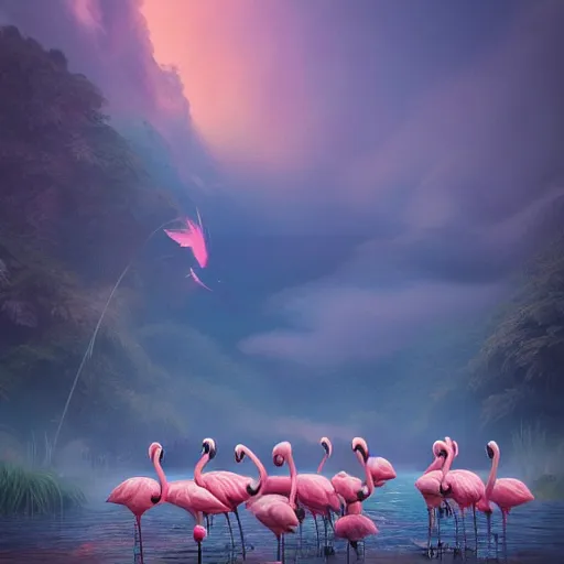 Image similar to a flock of flamingoes in a natural landscape framed by flames, made by stanley artgerm lau, wlop, rossdraws, artstation, cgsociety, concept art, cgsociety, octane render, trending on artstation, artstationhd, artstationhq, unreal engine, 4 k, 8 k,