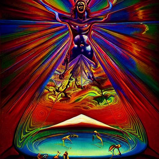 Image similar to psychedelic ; trippy ; acid trip ; artgerm ; salvadore dali ; surreal ; abstract ; lsd ; jesus christ breaking bread