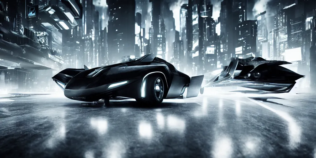 the batmobile driving through a futuristic city. neon. | Stable ...