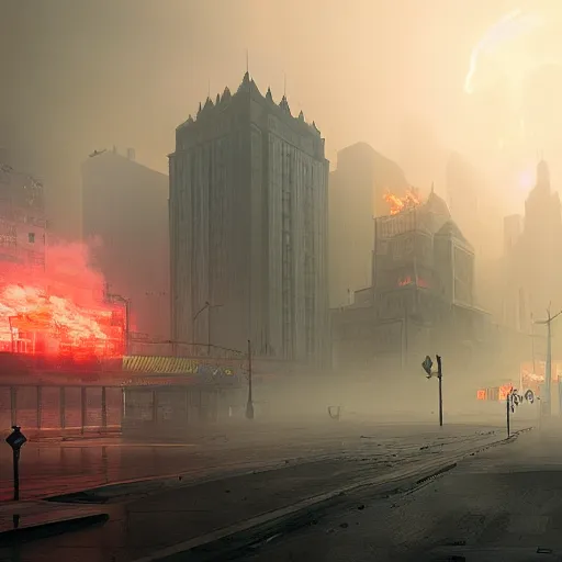 Image similar to city on fire greg rutkowski, digital art, volumetric fog, ue 4, ue 5, unreal engine 5,