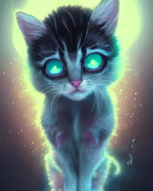 Prompt: portrait of a cute female kitten, bioluminescent, veins, horror, happy, highly detailed, digital painting, cinematic, hyperrealism, dark retrowave, art by stanley lau and artgerm and magali villeneuve and alphonse mucha, artstation, octane render, cgsociety