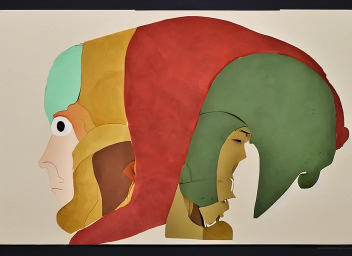 Image similar to naturalistic portrait of a warrior, representational earth tones, stunning clarity experimental cut paper mixed media blotchy character shape design by masaaki yuasa, pleasing palette watercolor masterpiece