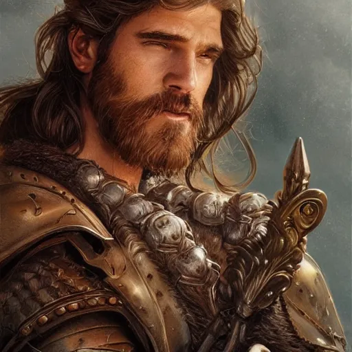 Image similar to portrait of a ruggedly handsome paladin, soft hair, muscular, half body, leather, hairy, d & d, fantasy, intricate, elegant, highly detailed, digital painting, artstation, concept art, smooth, sharp focus, illustration, art by artgerm and greg rutkowski and alphonse mucha