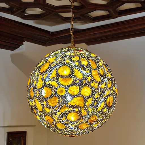 Prompt: chandelier in the shape of a sun with yellow accents designed by tiffany