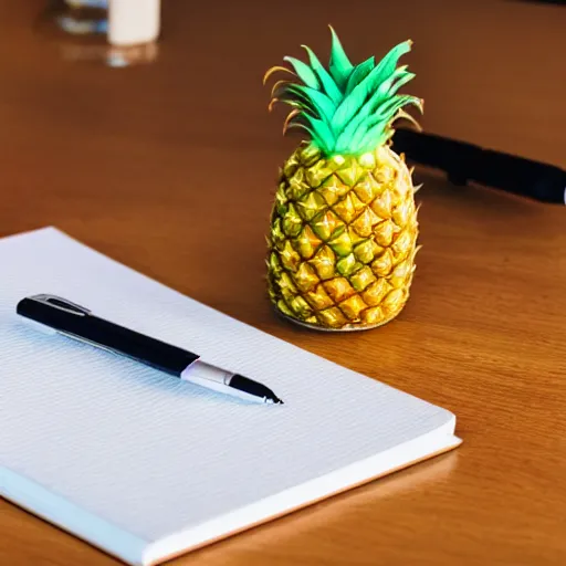 Image similar to photo of an apple - pen and a pineapple - pen, on a writing - desk.