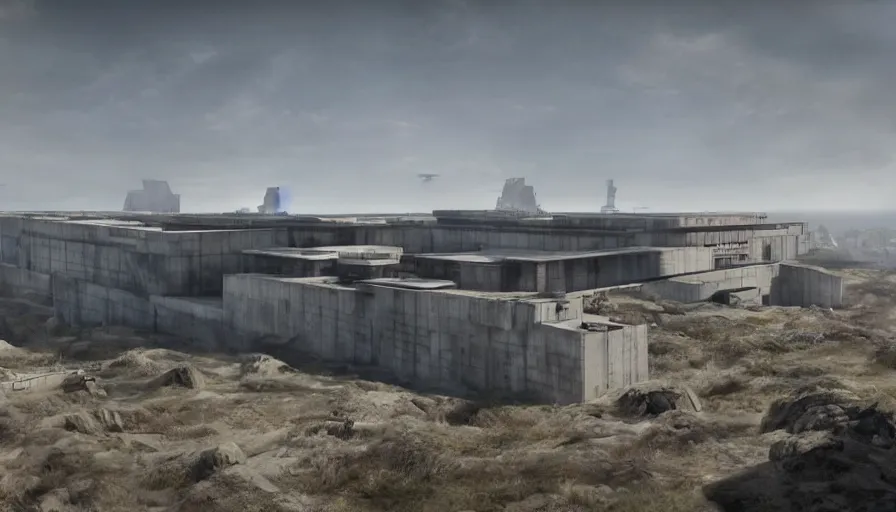 Image similar to big brutalist imperial military base on cliffs, drawing architecture, very long shot, top angle, imperial architecture in rogue one, pritzker architecture prize, brutalism architecture, jan urschel, greig fraser