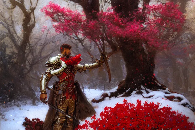 Image similar to winter, a male warrior wearing armor relaxing under a huge tree with red flowers, ground covered with snow, extreme long shot, fantasy, painting by gaston bussiere, craig mullins, j. c. leyendecker, trending on artstation