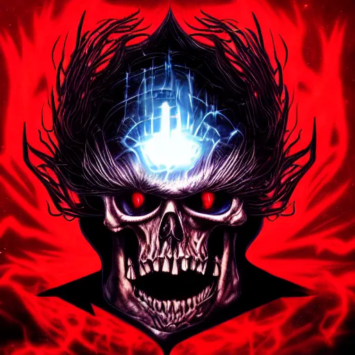 Image similar to ( a death metal album cover ) ( ( of donald trump ) with laser eyes ) ( trending on artstation )